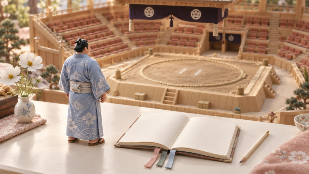 幕内の土俵を見つめる力士模型と、十五日間の観察をイメージしたノート