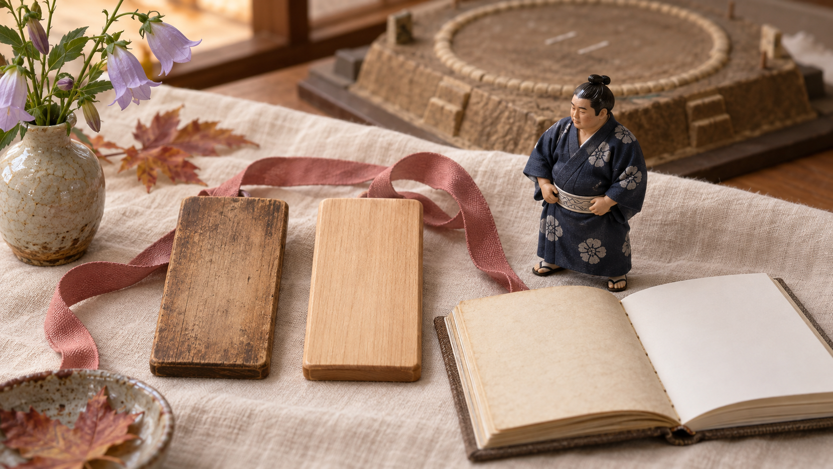 Two blank wooden nameplates and a miniature wrestler, illustrating a shikona change and continuity in the records.