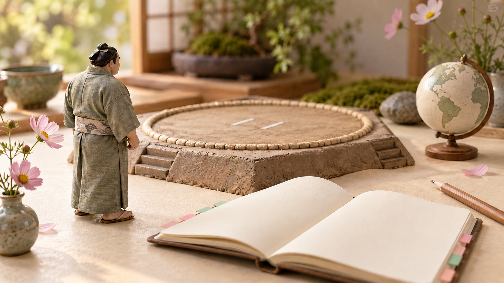 A miniature wrestler in a yukata looking towards a dohyo, with a globe and blank viewing notebook.