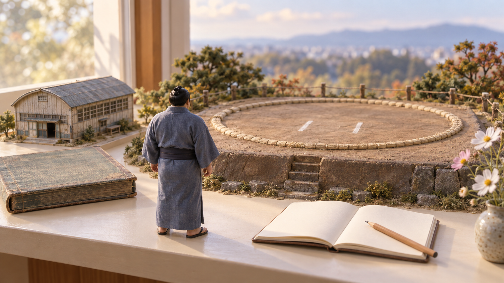 A wrestler in a yukata looking at miniature school-gym and dohyo models, with a new viewing notebook.