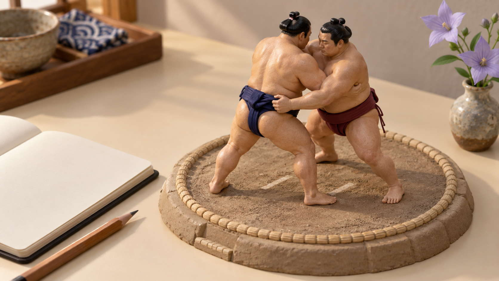 Two miniature wrestlers gripping each other's mawashi on a small dohyo, with a notebook for observing inside-arm positions.