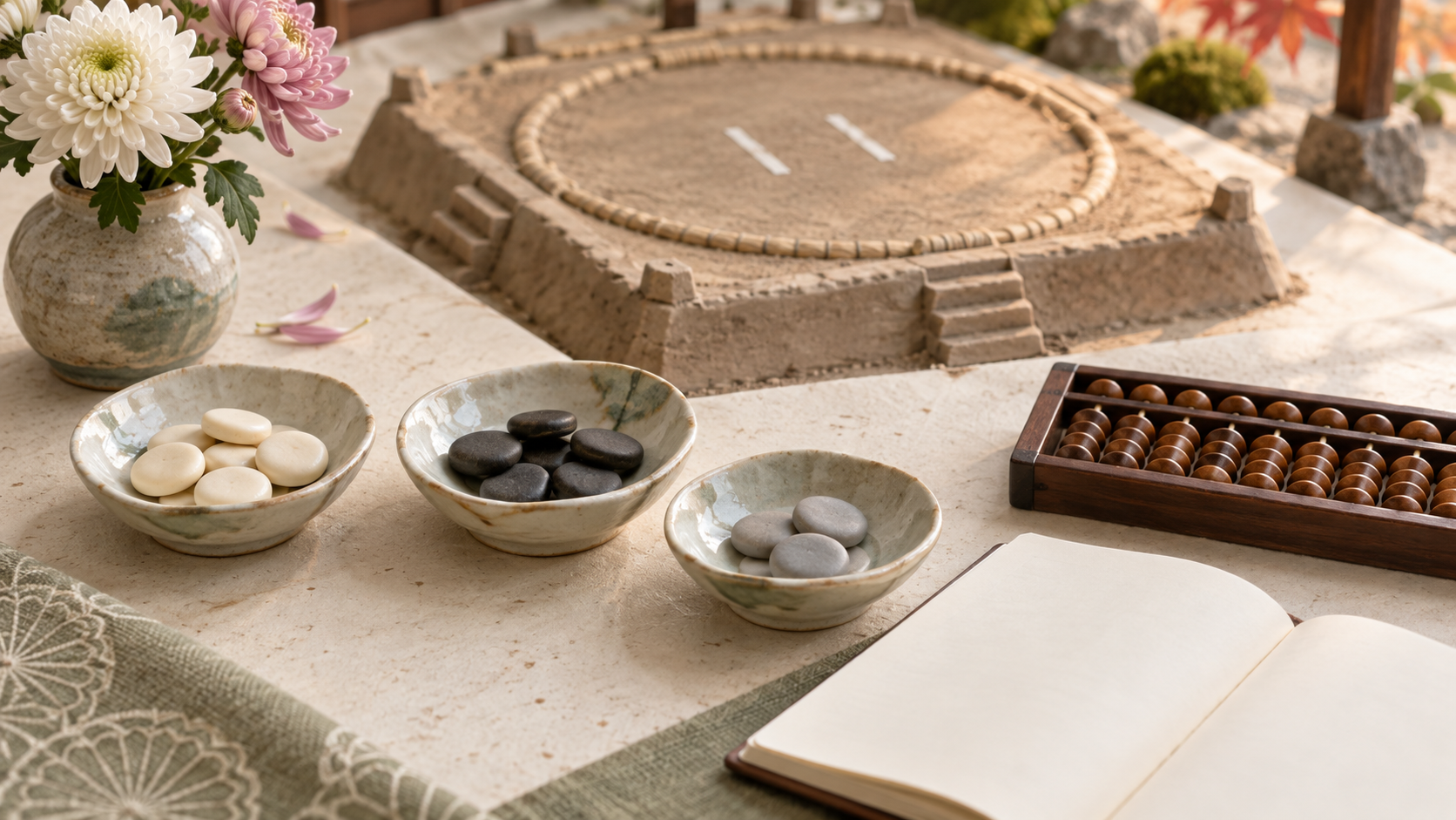 White, black and grey stones on separate small plates, with an abacus and miniature dohyo.