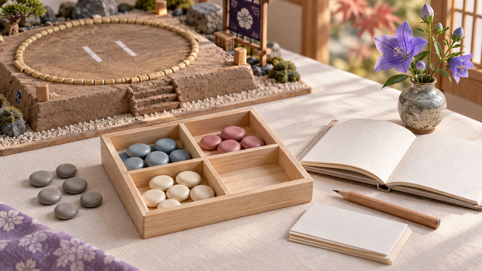 Plain coloured stones sorted beside a wooden box and miniature dohyo, illustrating technique classification.