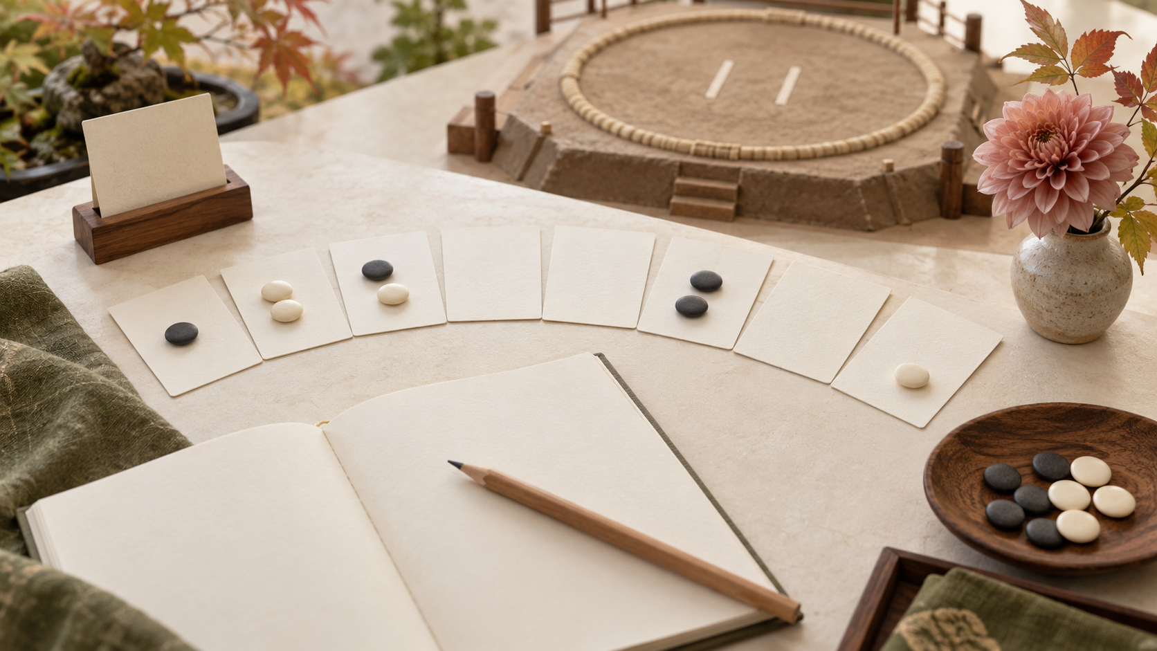 Plain cards with black and white stones beside a miniature dohyo, illustrating careful comparisons of daily records.