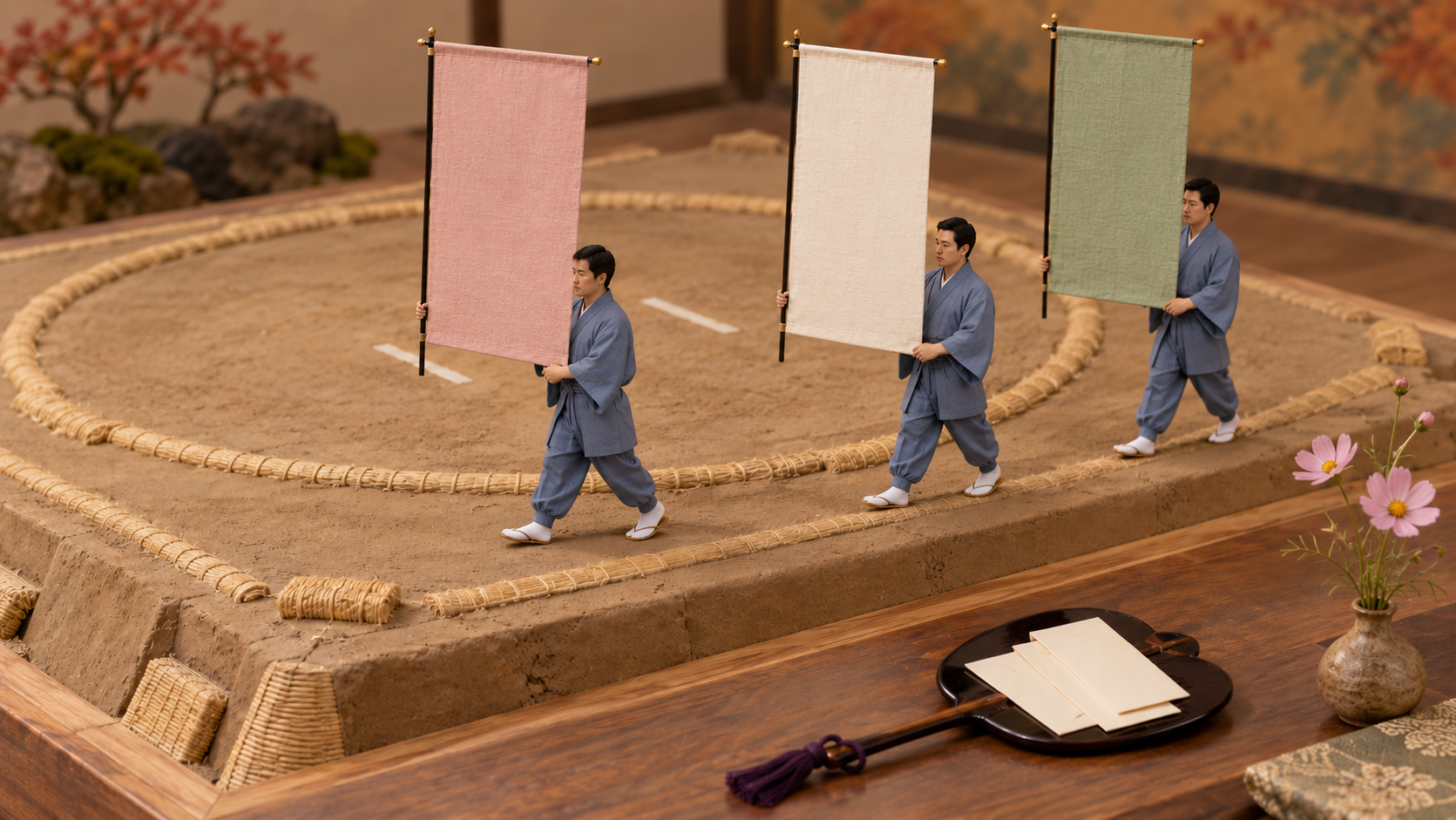 Miniature yobidashi carrying blank prize banners around the dohyo, with envelopes on a gunbai.