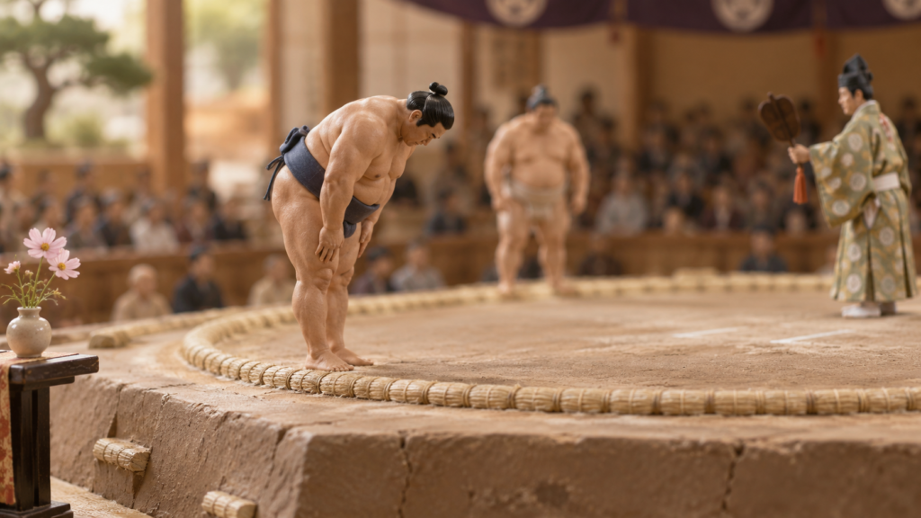 取組を終えた力士が土俵の縁で一礼する情景を表したミニチュア