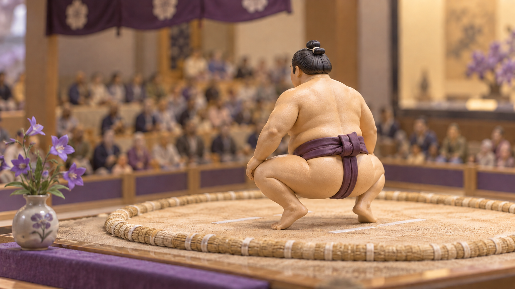 A miniature wrestler viewed from behind, holding the low sonkyo posture.