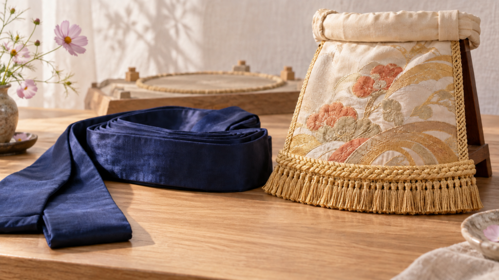 藍色の締込と刺繍入りの化粧まわしを並べた展示風のミニチュア
