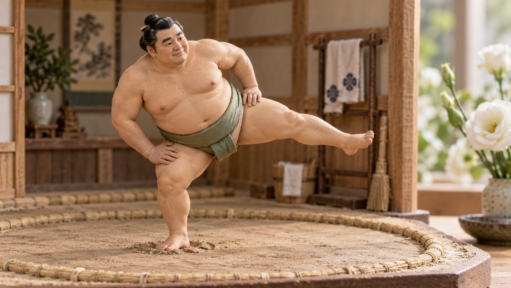 A miniature training room with light falling on the supporting leg of a wrestler performing shiko.