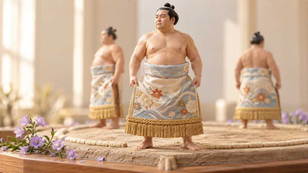 土俵入りで化粧まわしへ両手を添える力士たちを表したミニチュア