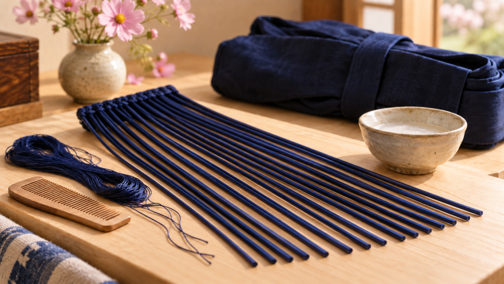 糊で棒状に整えた紺色のさがりと、絹糸や櫛を並べたミニチュア