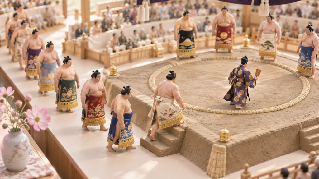 化粧まわし姿の力士が列を作り、一人ずつ土俵へ上がる様子を表したミニチュア