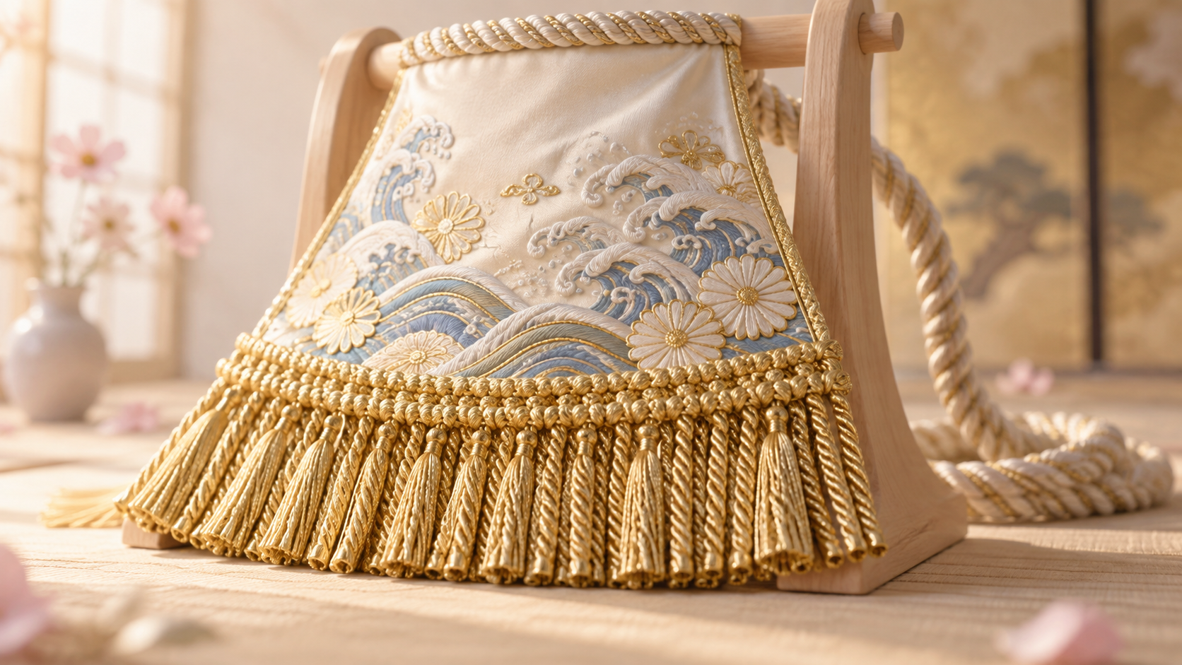 A miniature close view of kesho-mawashi embroidery and the gold fringe along its lower edge.