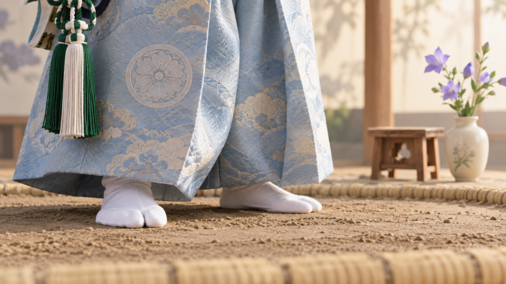 白足袋を履いた行司の足元と青白の房に注目したミニチュア