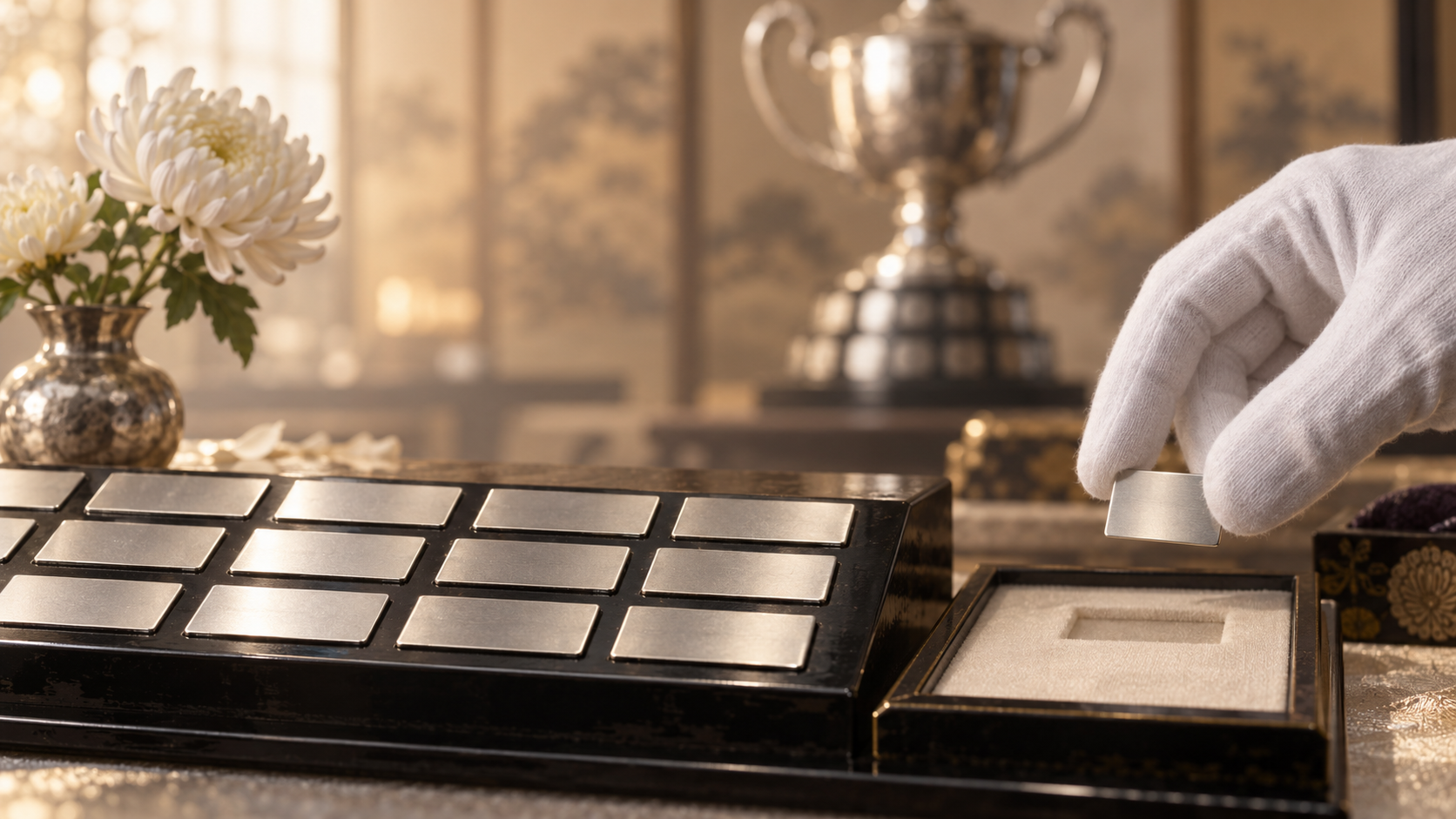 A miniature of silver nameplates recording championships and a frame for preserving them.