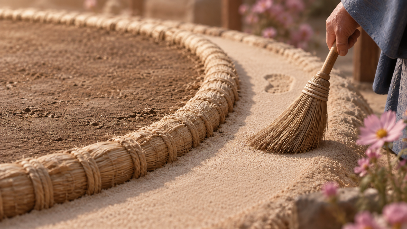 A miniature showing the janome sand outside the straw bales being smoothed with a hand broom.