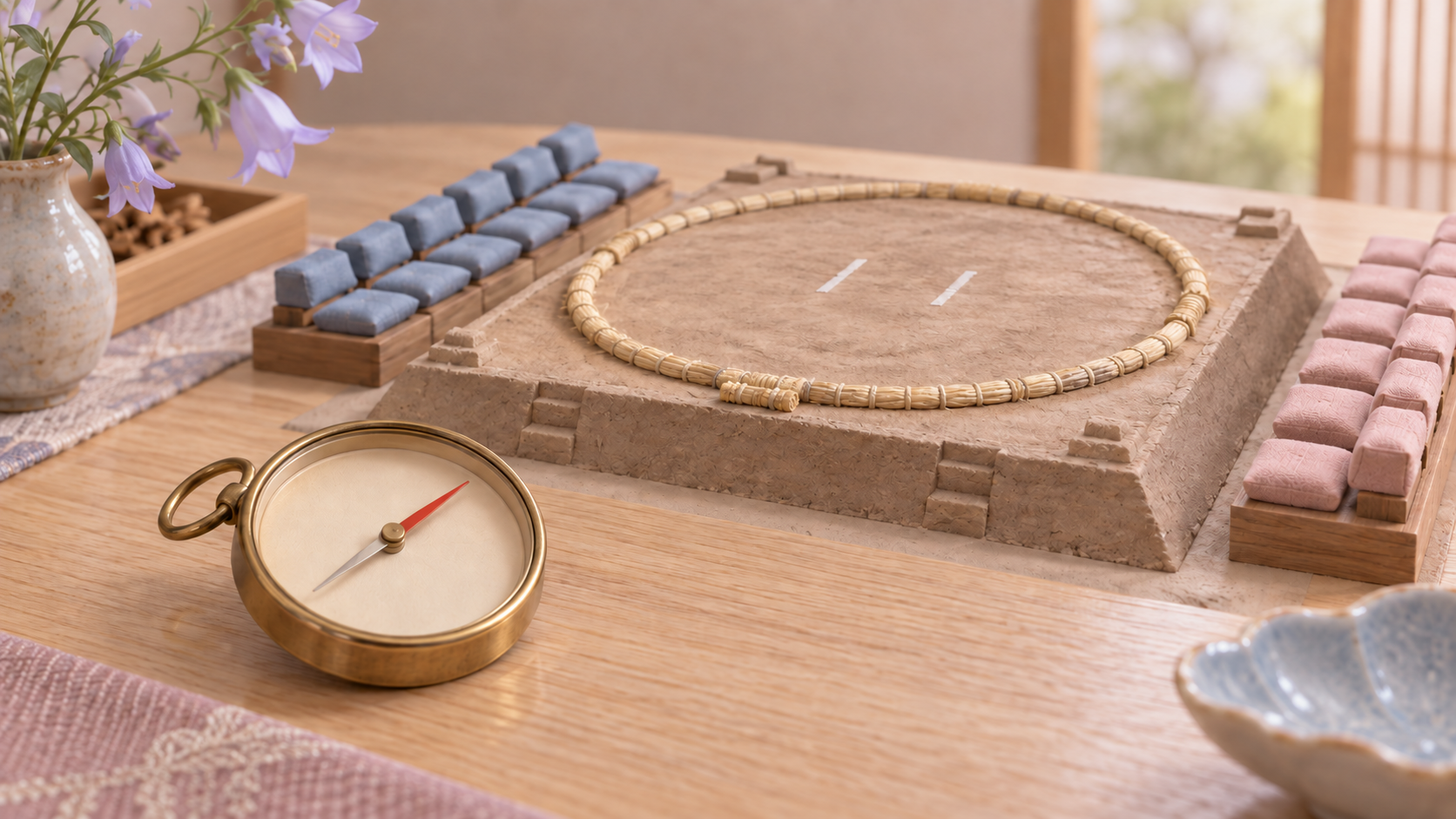 A model and compass illustrating the difference between the sides of a dohyo and geographical directions.