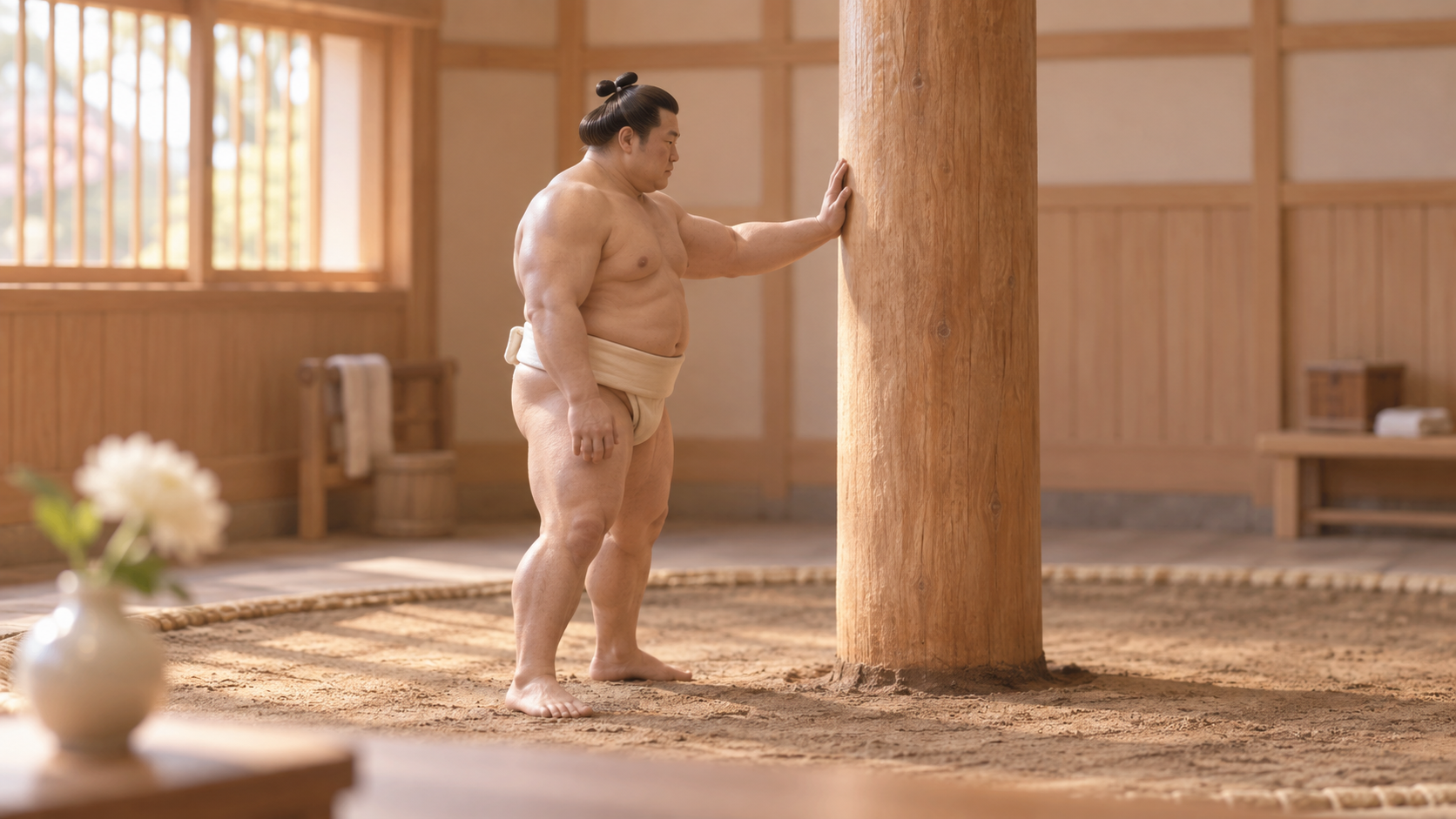 A miniature training-room scene of a wrestler resting a hand on a teppo post before the next repetition.