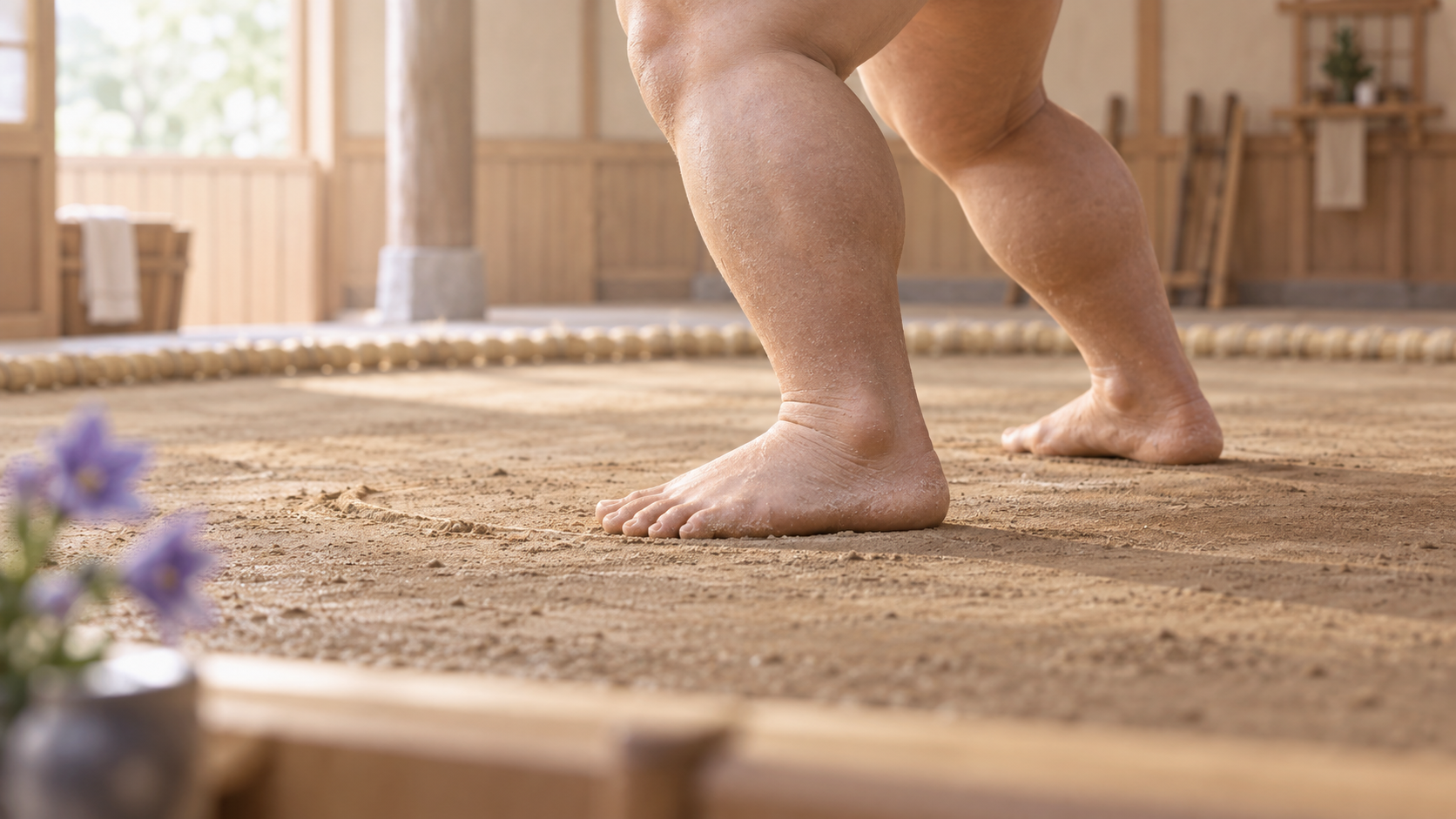 A miniature close view of feet in contact with the earth during suriashi practice.