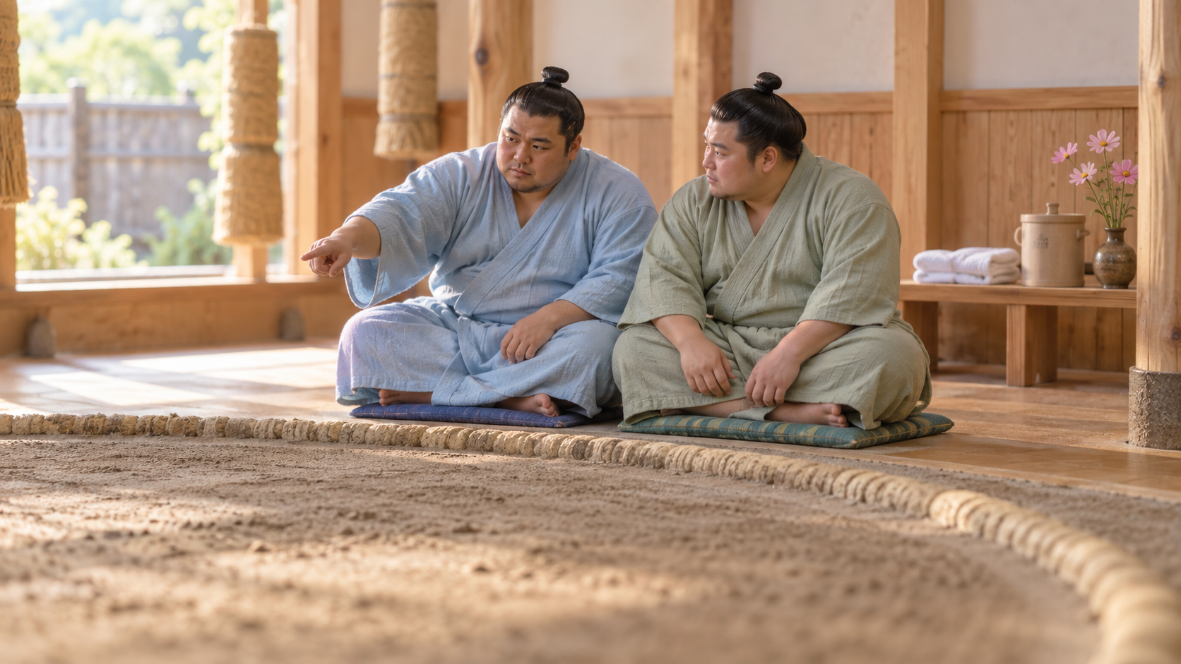 A miniature of two wrestlers at the edge of a training ring discussing their next repetition.