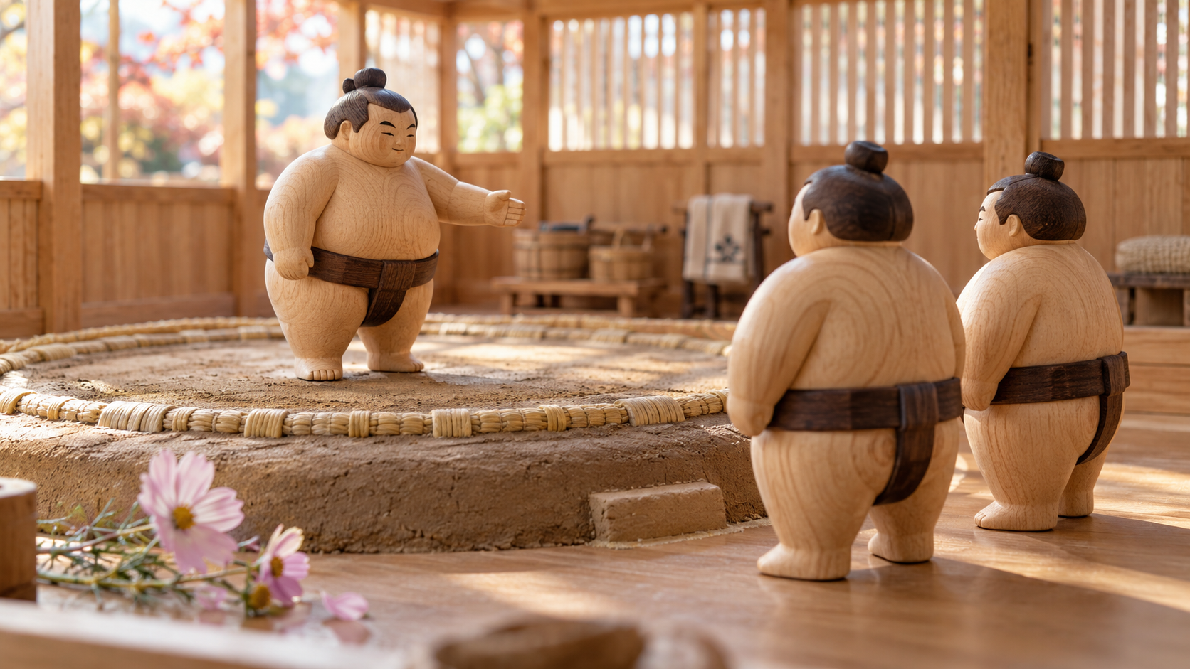 A wooden wrestler remaining in the ring and gesturing towards the next opponent, illustrating moshiai practice.
