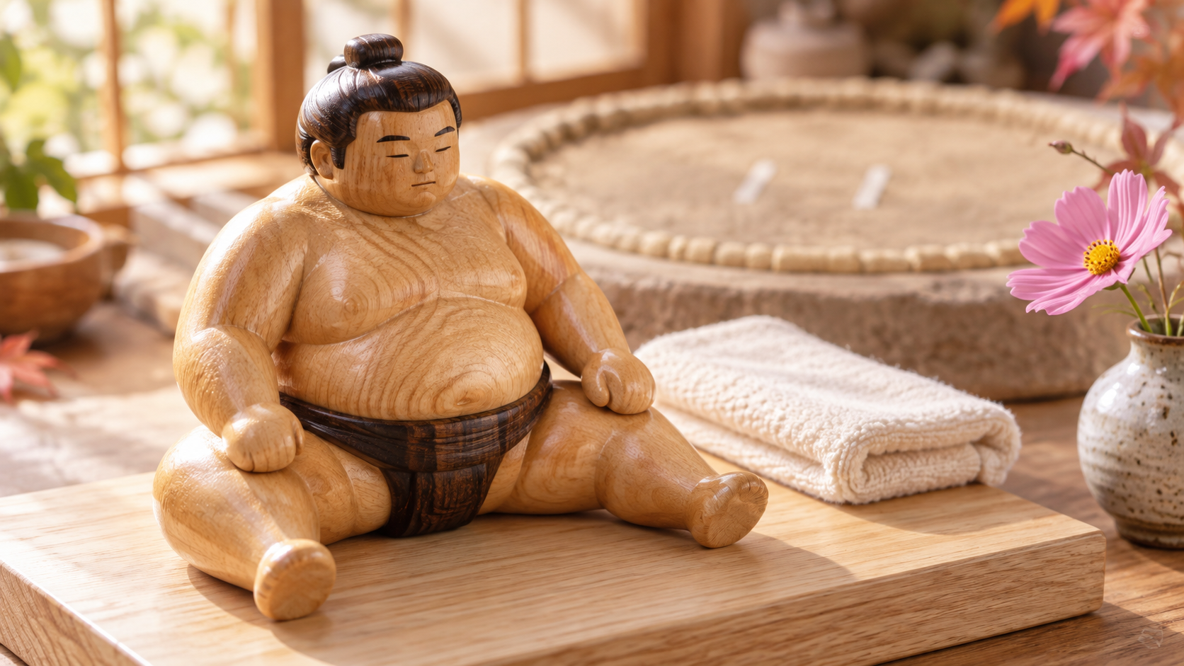 A wooden wrestler seated with legs gently apart beside a hand towel, illustrating a quiet moment before matawari.