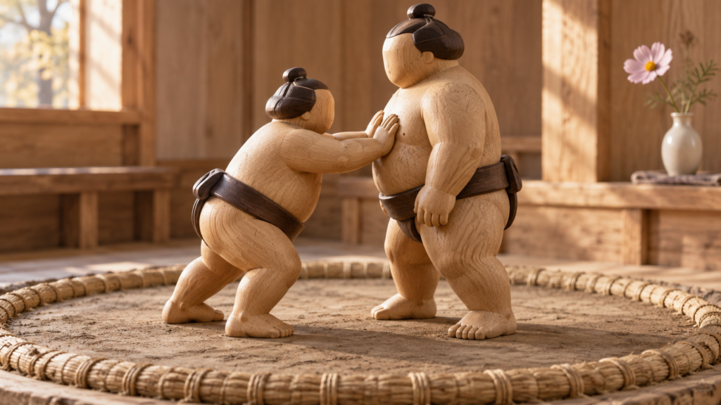 押す側と受ける側の二体の木製力士で表したぶつかり稽古のミニチュア