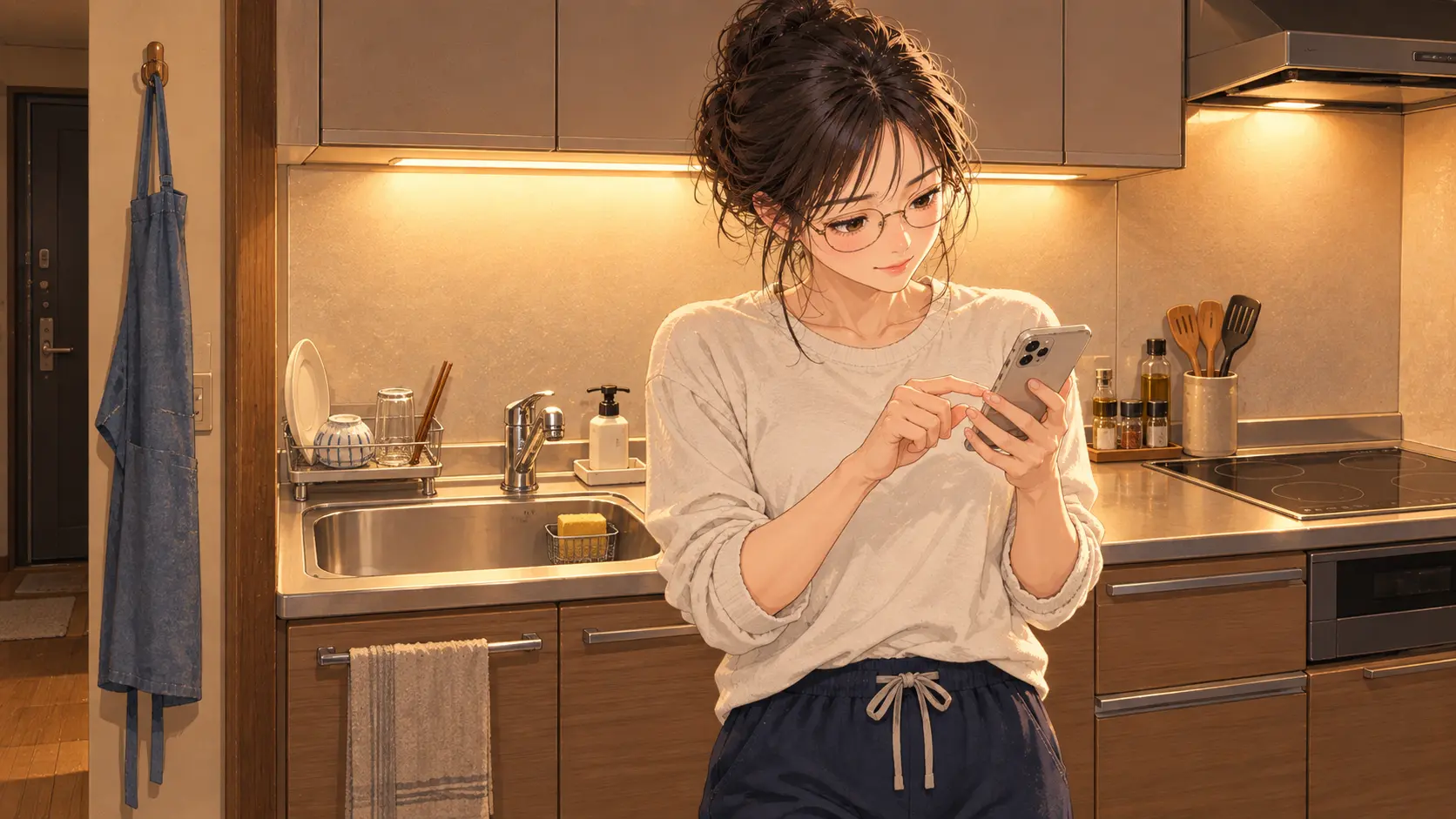 洗い物を終えた台所で、スマホの星取表を読み返すしおり。