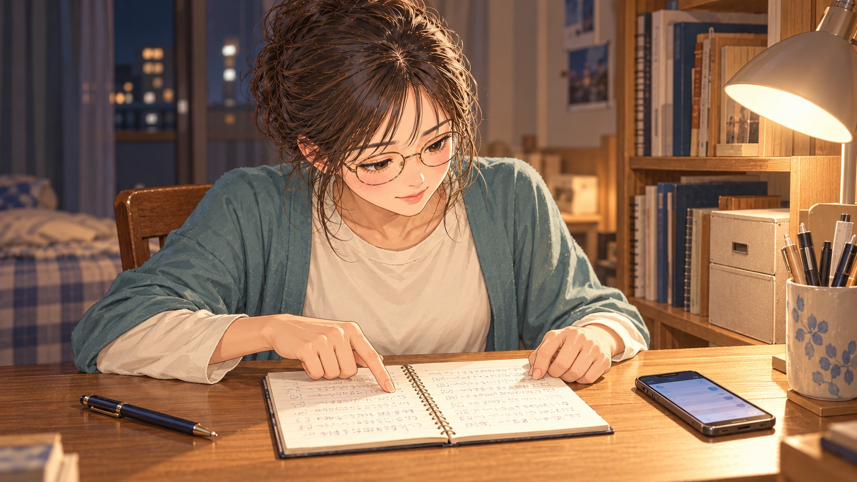 夜の机で、スマホを脇に置き、ノートに書き出した相撲の記録を指でたどるしおり。