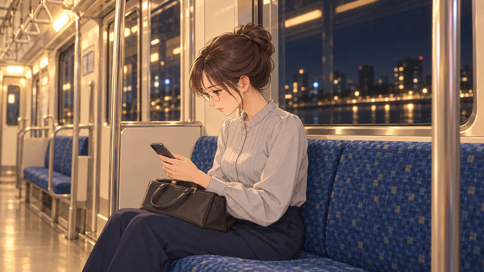 帰りの電車で、膝に鞄を置き、手元のスマホで相撲の記録を読むしおり。