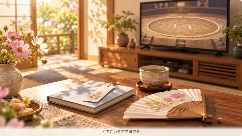 午後の自宅観戦を待つ茶とノートのミニチュア