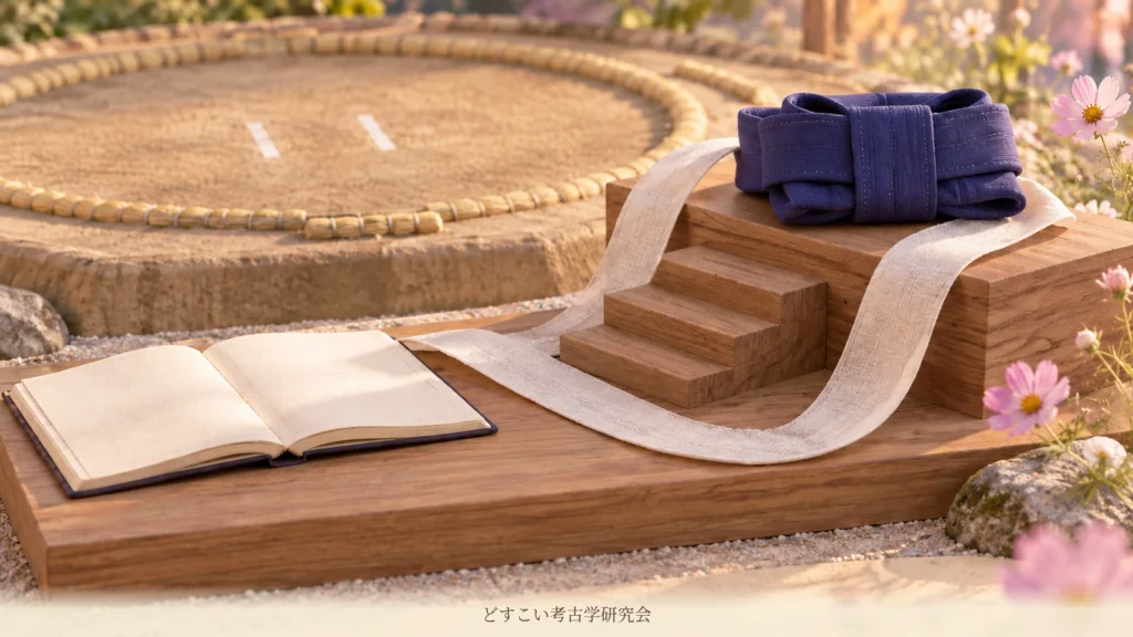 木の段を回る布の道と、上段に置いたまわしの創作ミニチュア