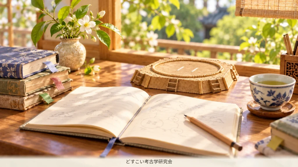 夏休みの調べ物を始めるノートと小さな土俵
