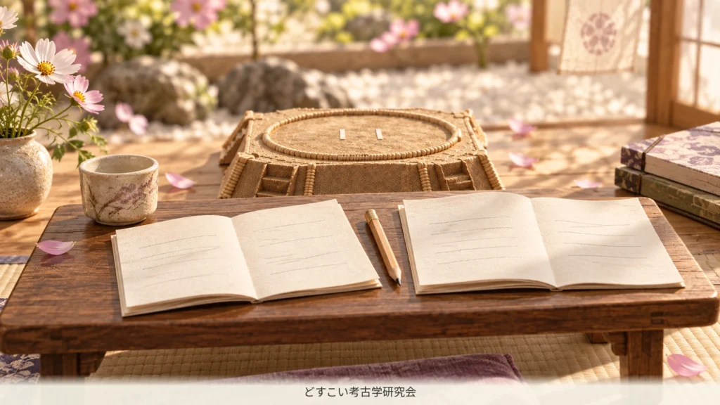 二冊の資料を机に並べて比較するミニチュア