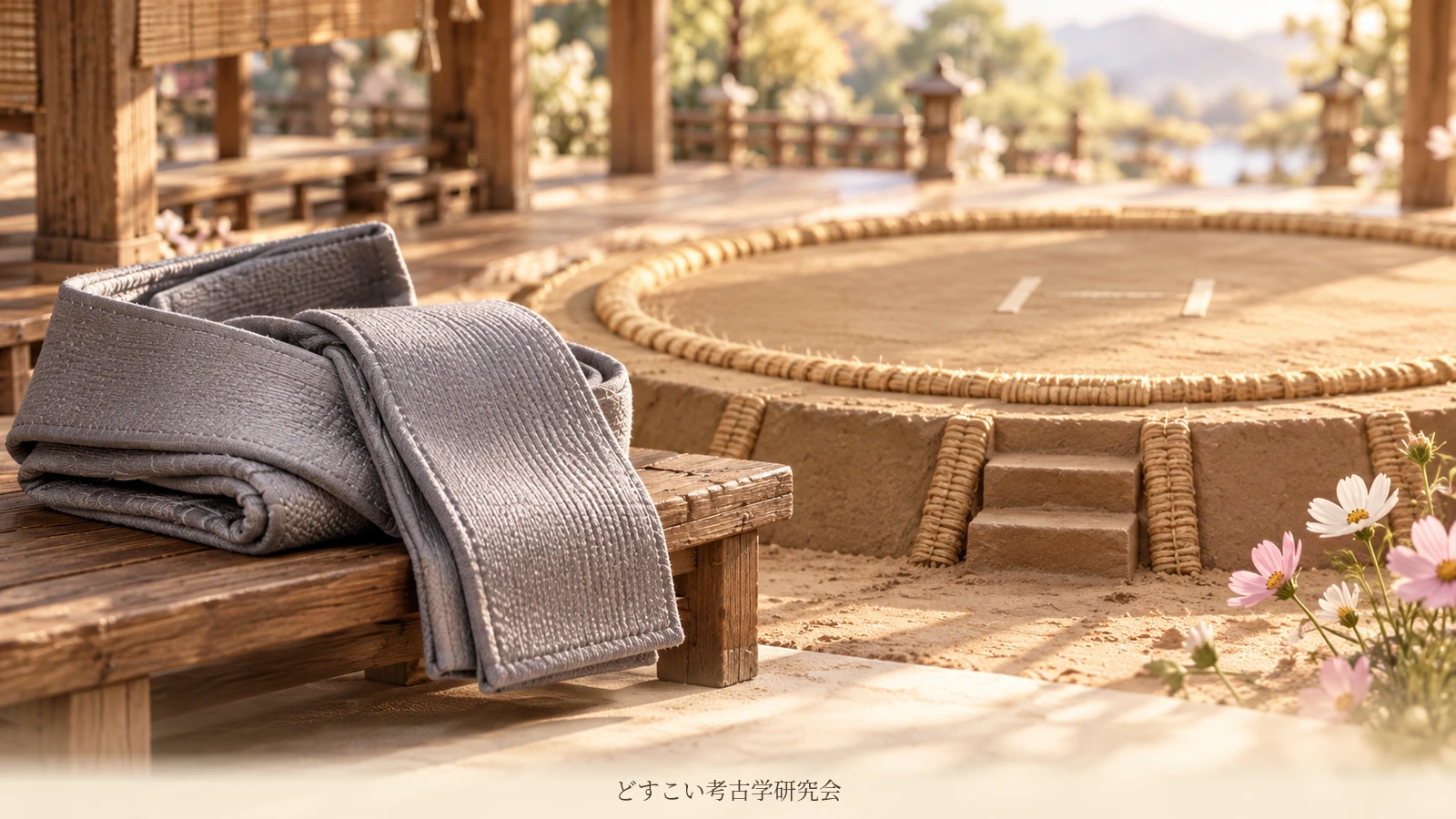 An imagined miniature of grey mawashi fabric laid beside a dohyo.
