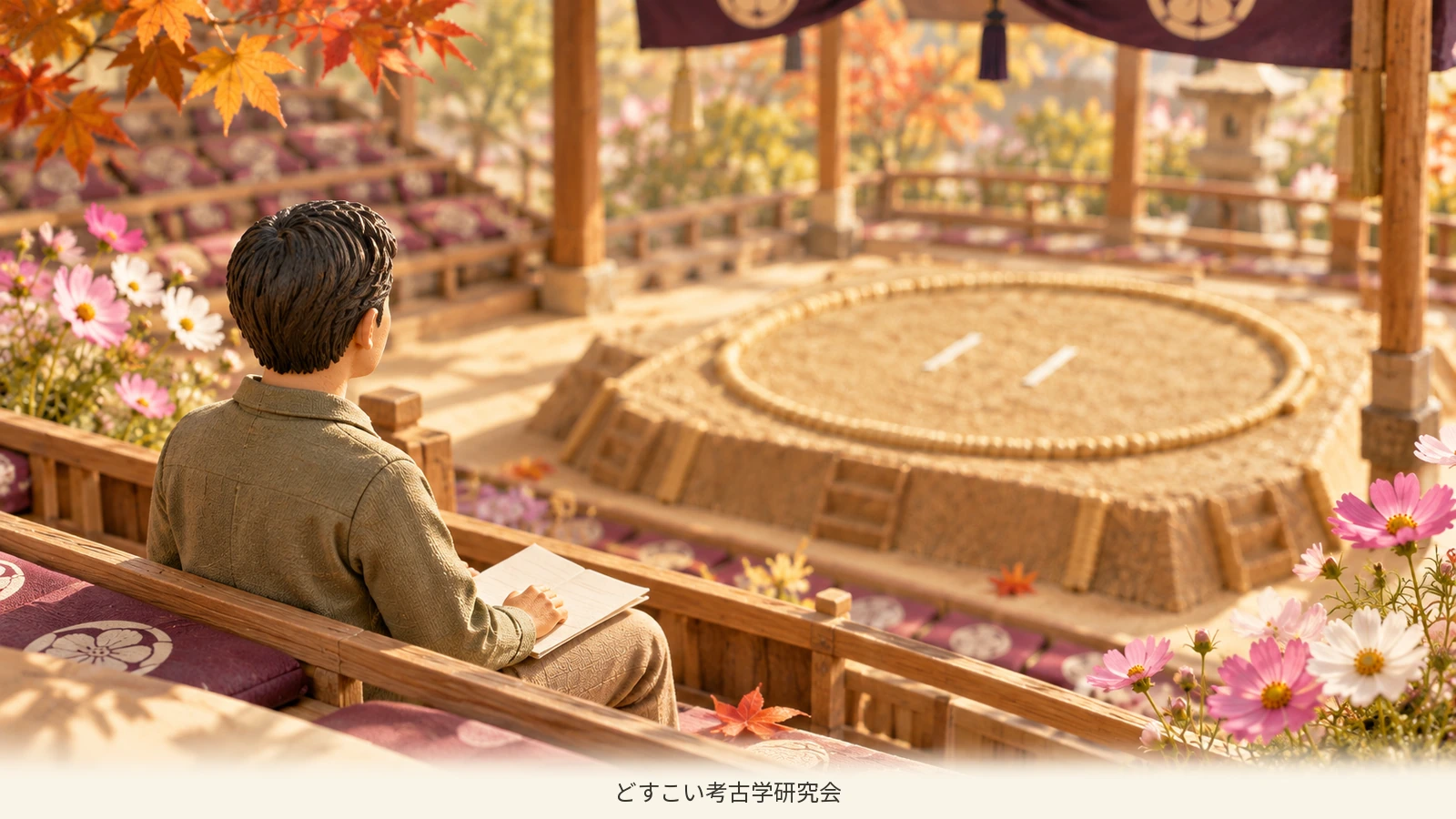 A miniature spectator lowering the banzuke to their lap and looking towards the dohyo.