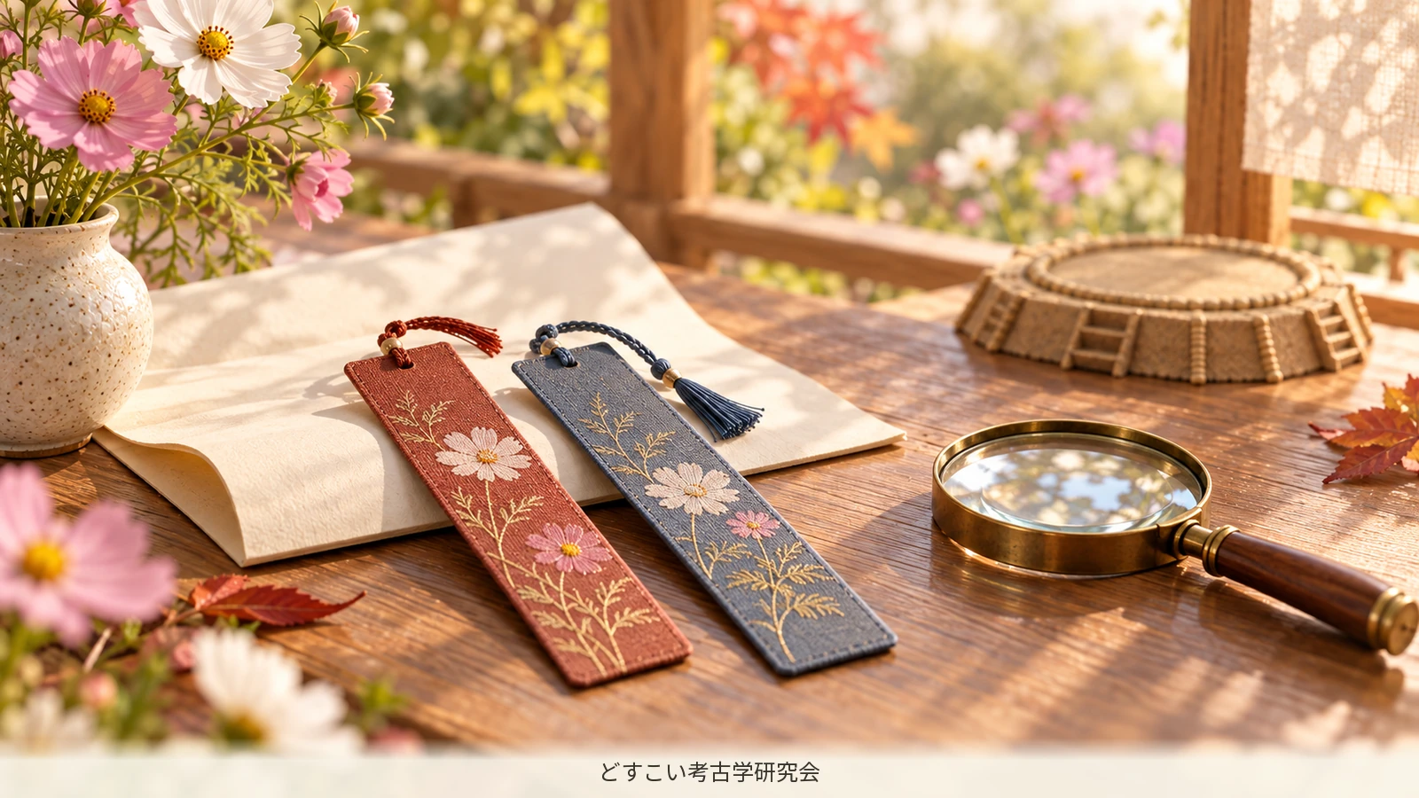 A miniature of two differently coloured bookmarks and paper for reading the banzuke.