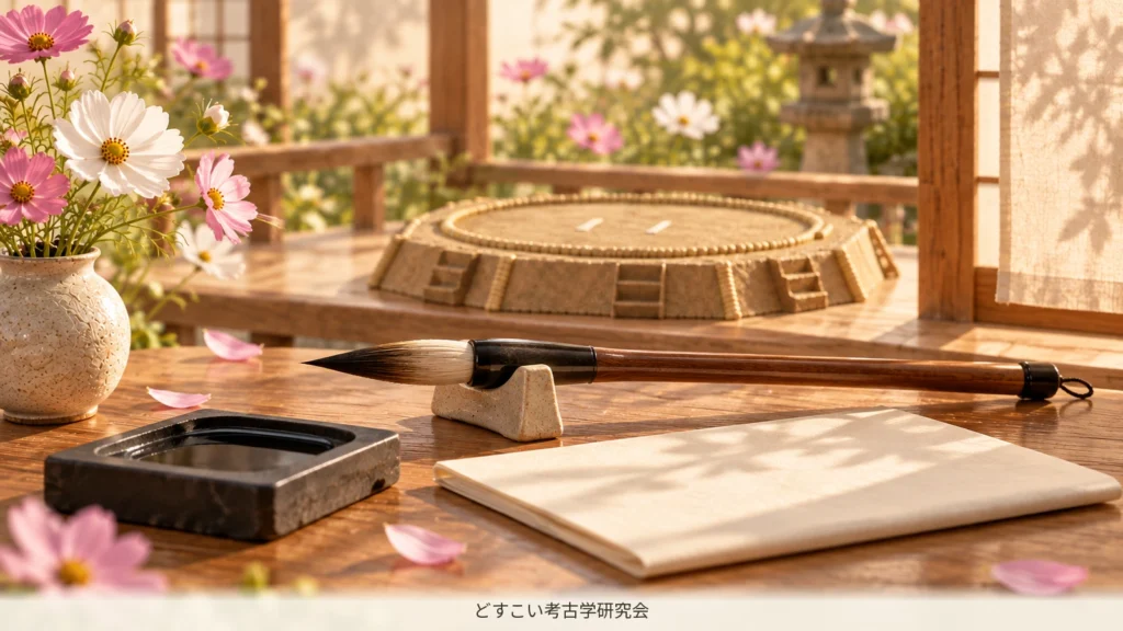 相撲字を支える筆と硯のミニチュア