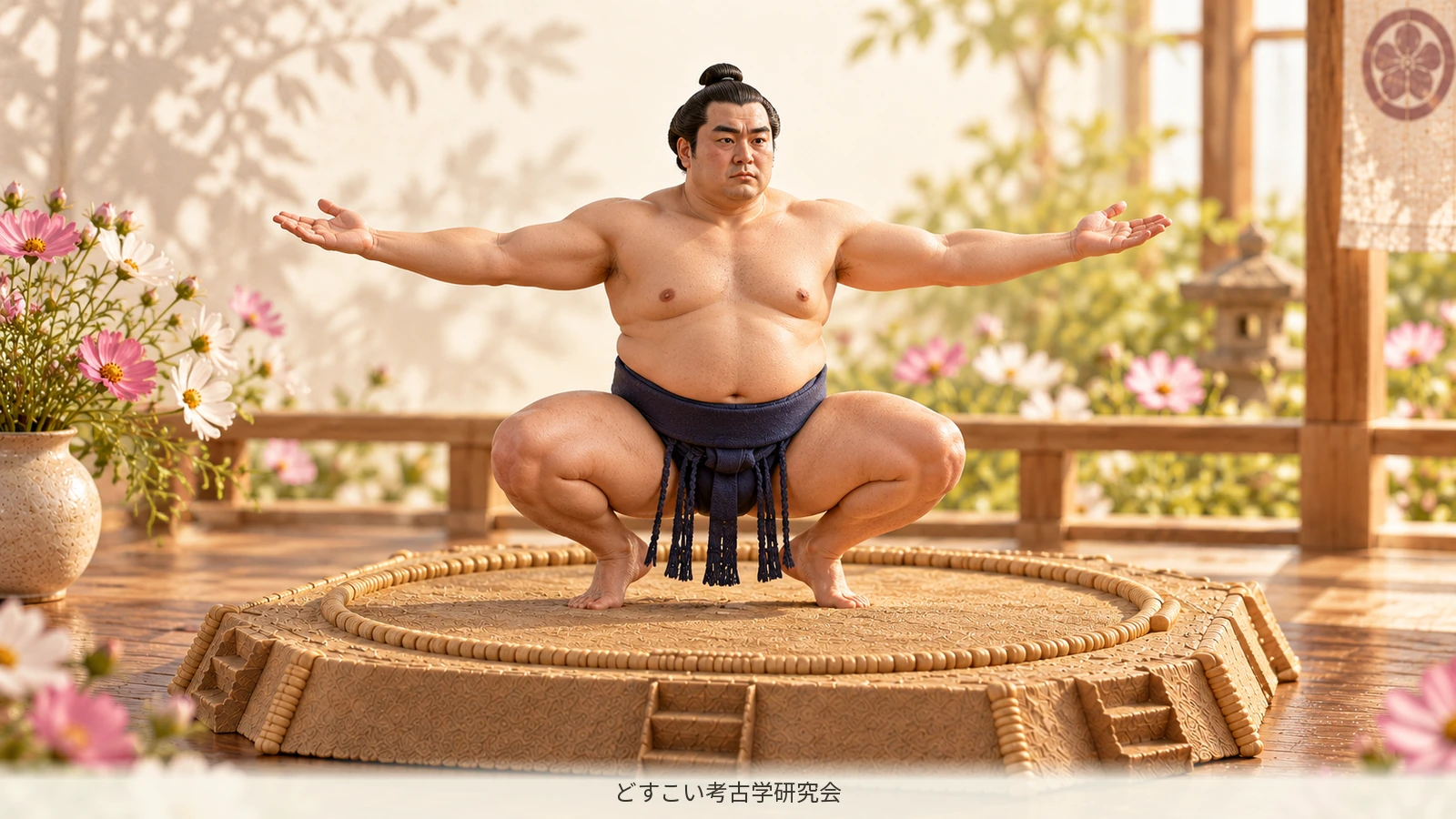 A miniature wrestler opening both hands with palms upwards during chiri-chozu.
