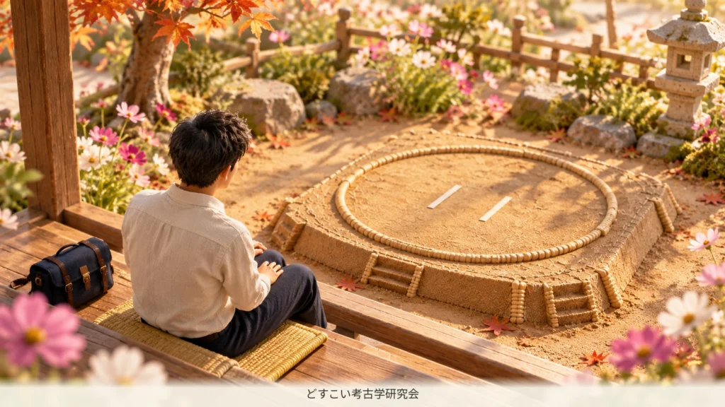 準備を終えて静かに土俵へ目を向けるミニチュア
