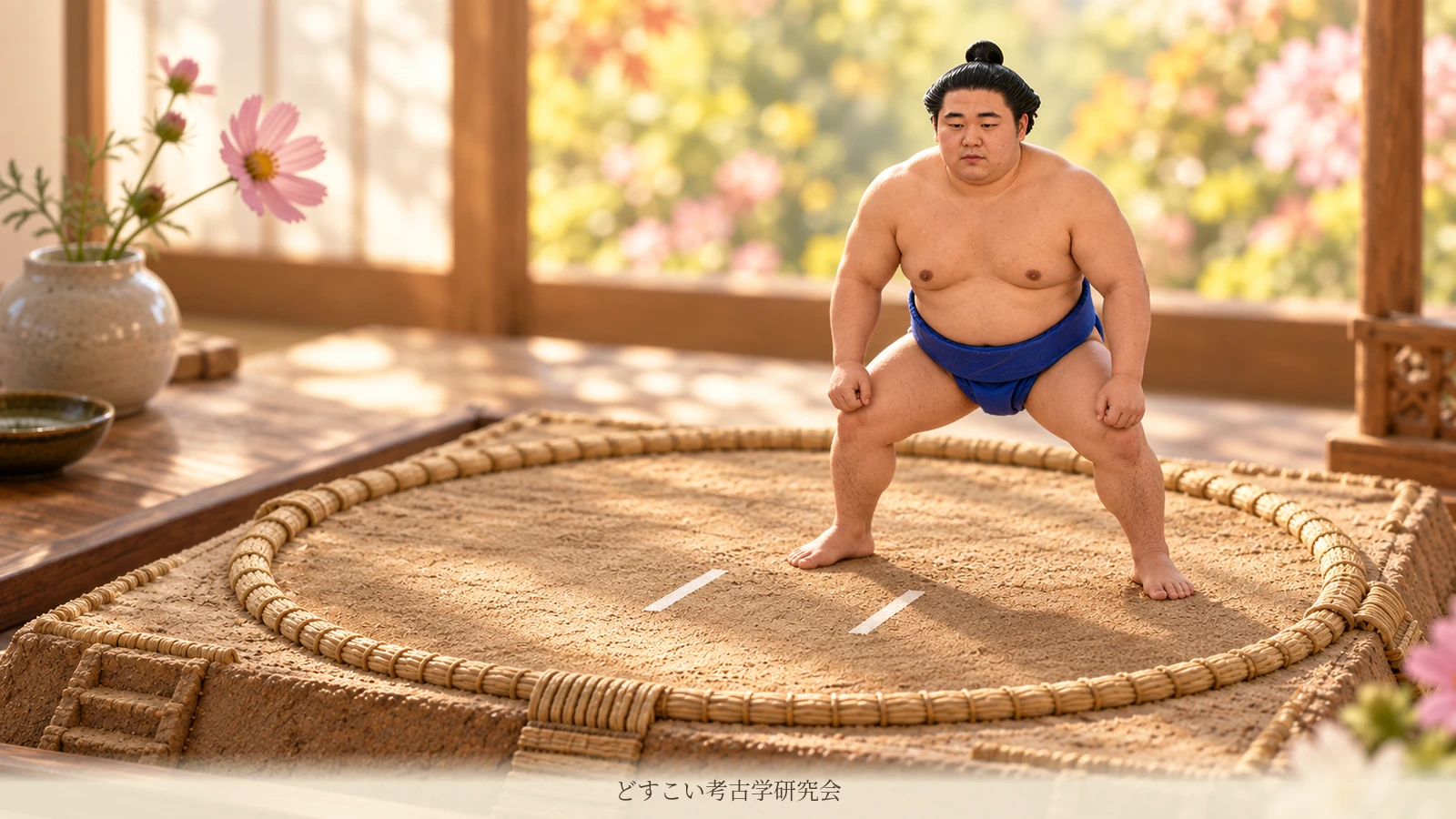 An imagined miniature of Fujinokawa taking his stance on the ring in a blue mawashi.