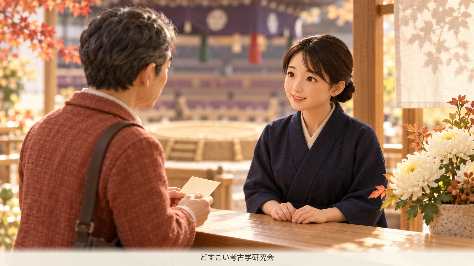 A miniature scene of asking a staff member where to take a break.
