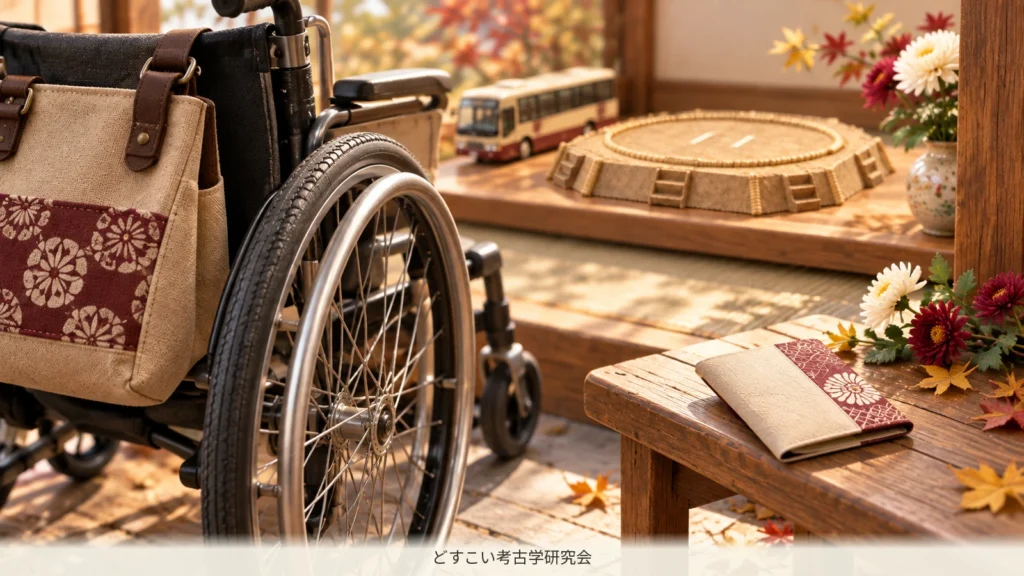 車いすと観戦用バッグを準備するミニチュア