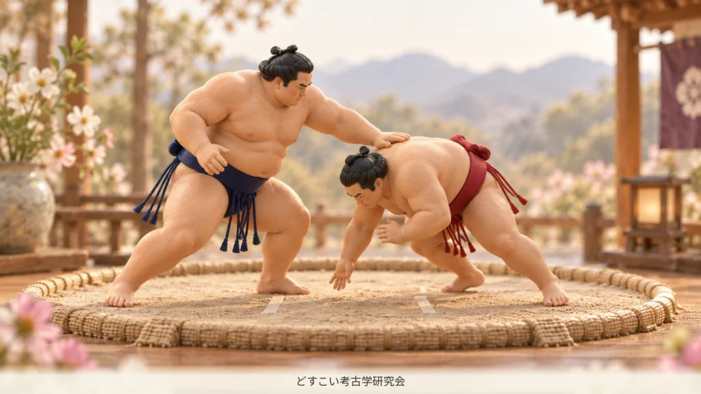 体を開き、相手の上背へ手を働かせる力士のミニチュア