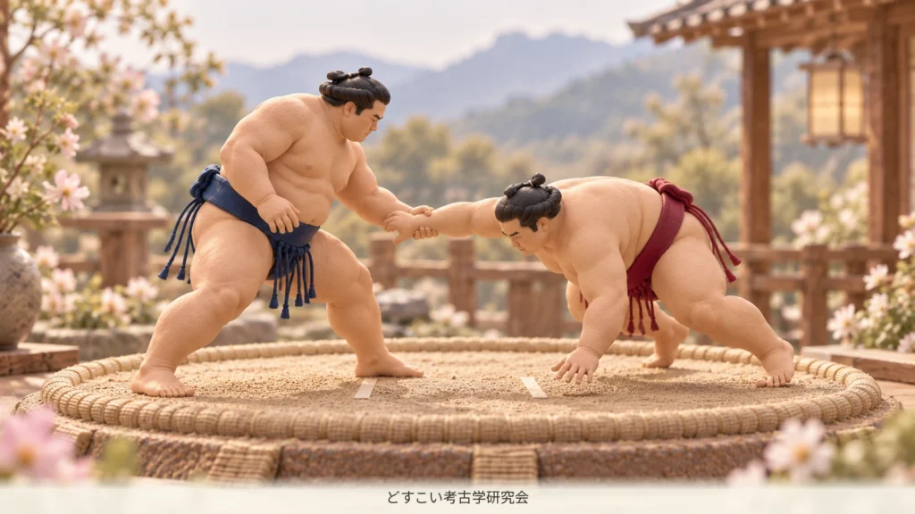腕を手前に引いて相手を崩す力士のミニチュア