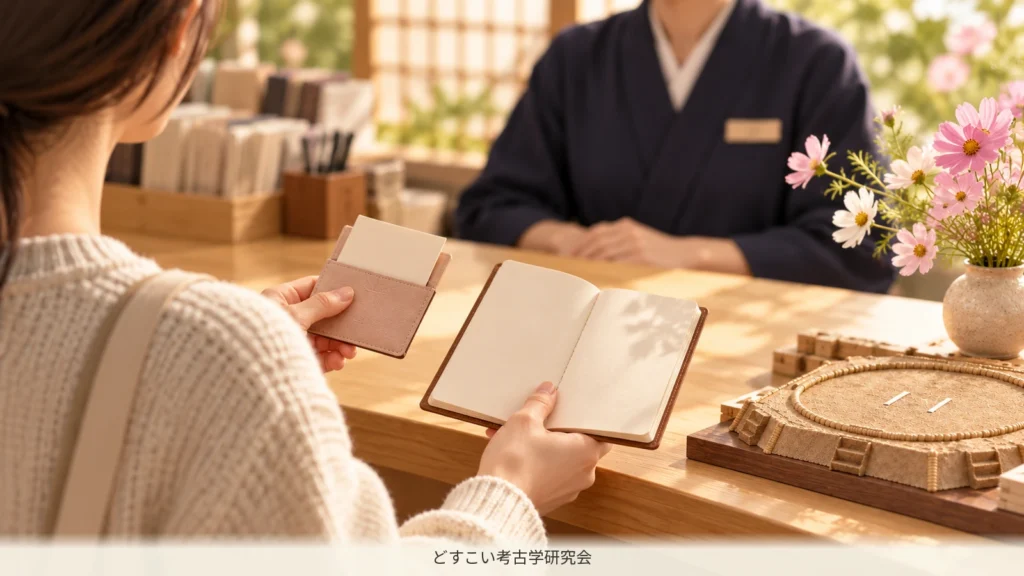 手元のメモと券を係員へ示すミニチュア