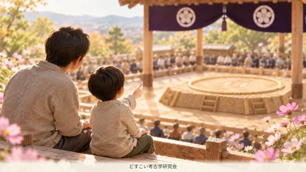 親子が土俵へ目を向けるミニチュア
