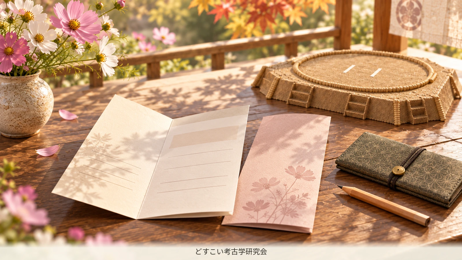 A miniature arrangement of visitor information and small items for watching sumo.