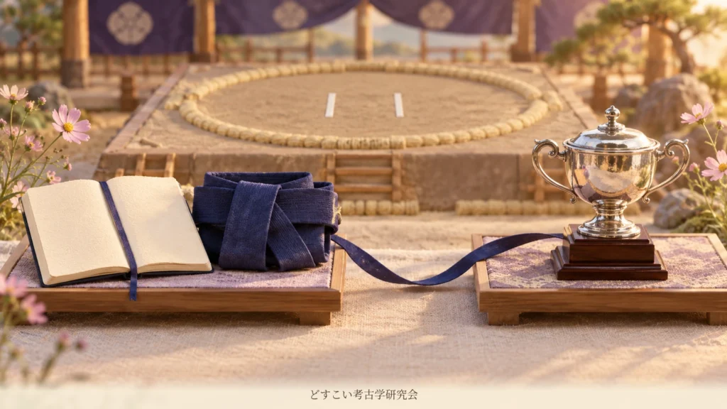 ノートとまわしの台、優勝を象徴する杯の台を並べた創作ミニチュア