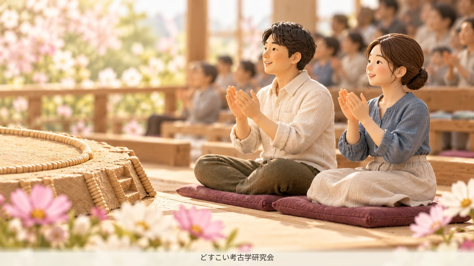 A miniature spectator applauding from a seat with a cushion.